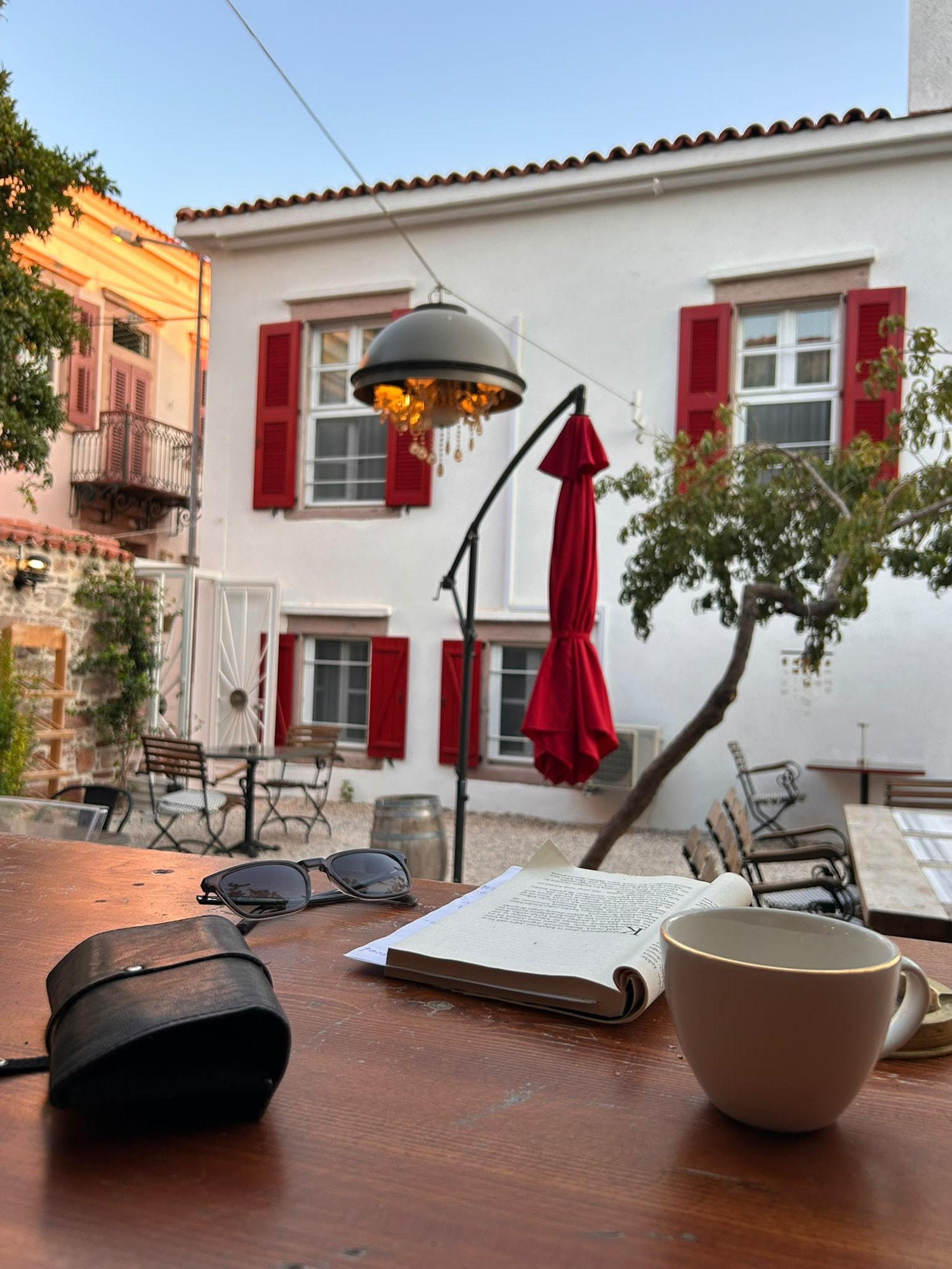 Sakin Guest House avlusunda kahve ve kitap, Cunda